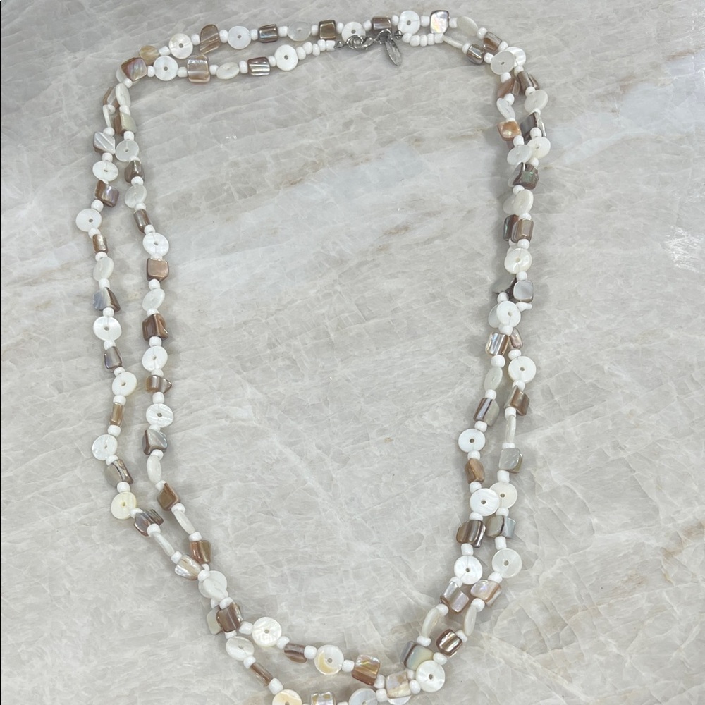 Avenue Long Mother Of Pearl Necklace Chunks Discs Glass Beads Natural Tones